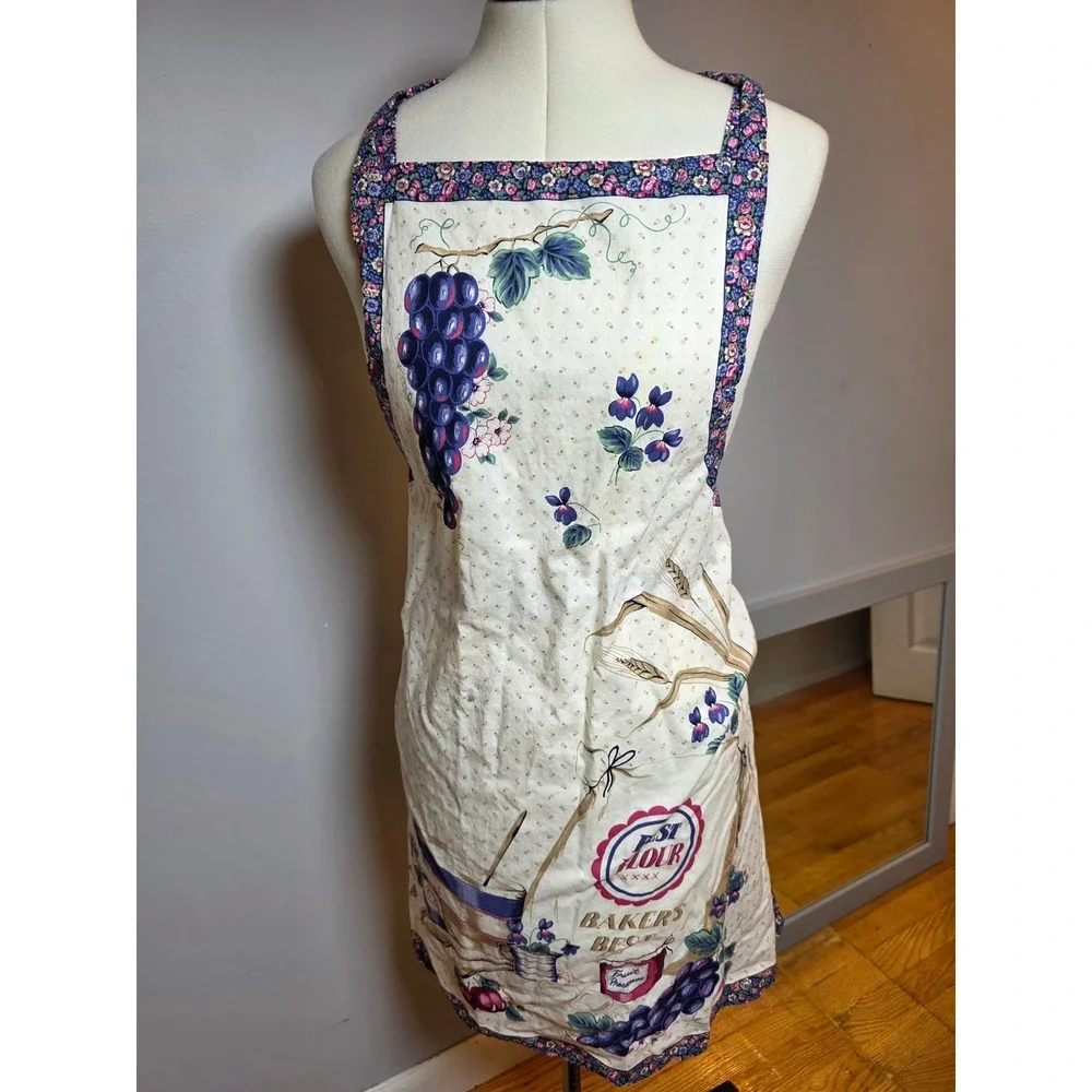 Vintage Cottagecore Bakers Best Fruit Floral Bib Apron Cream Purple Boho